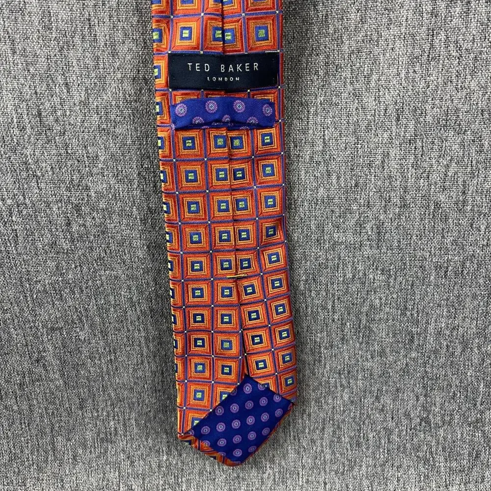 Ted Baker London 100% Silk Necktie Mens Orange Blue Geometric‎ Woven USA Made